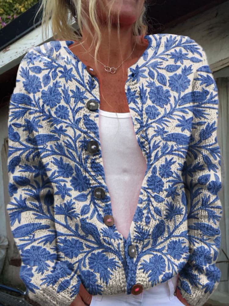 Nora | Blomstret Damecardigan med Rund Halsudskæring