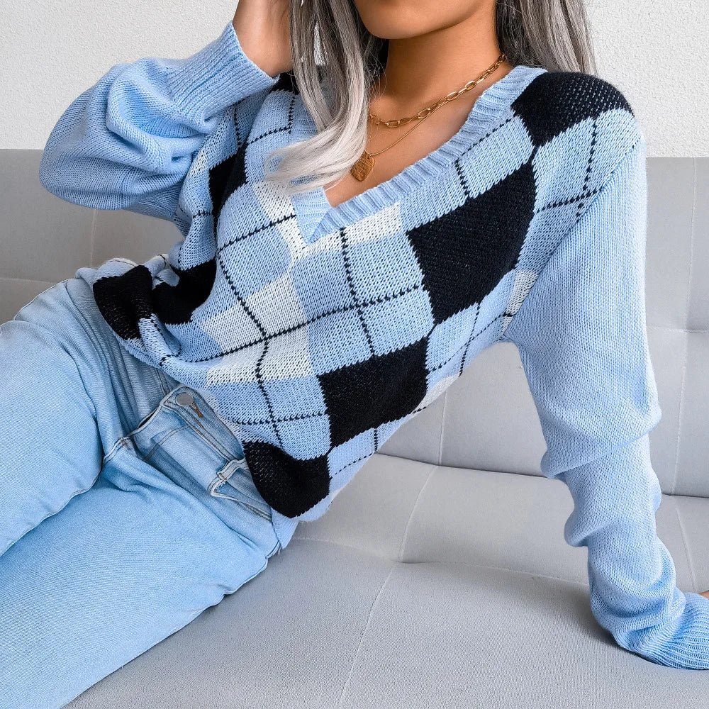 Bettina | Vinter Argyle V-Hals Sweater til Kvinder