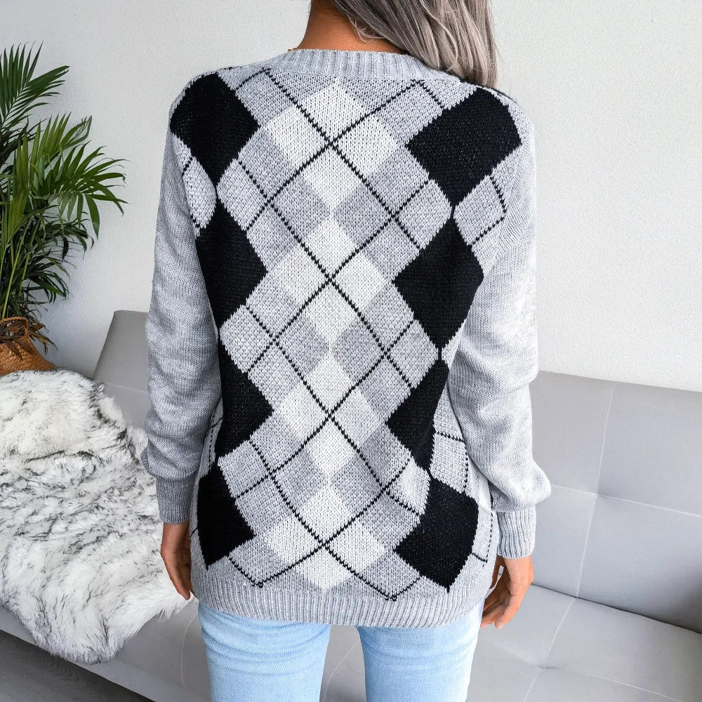 Bettina | Vinter Argyle V-Hals Sweater til Kvinder